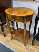 A reproduction oval French two-tier parquetry inlaid occasional table, width 52cm, depth 40cm,