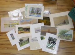 A collection of assorted unframed watercolours, all mounted with retail labels including W. Philips,