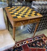 An early 20th century Continental square oak parquetry top four drawer chess table, 64cm, height