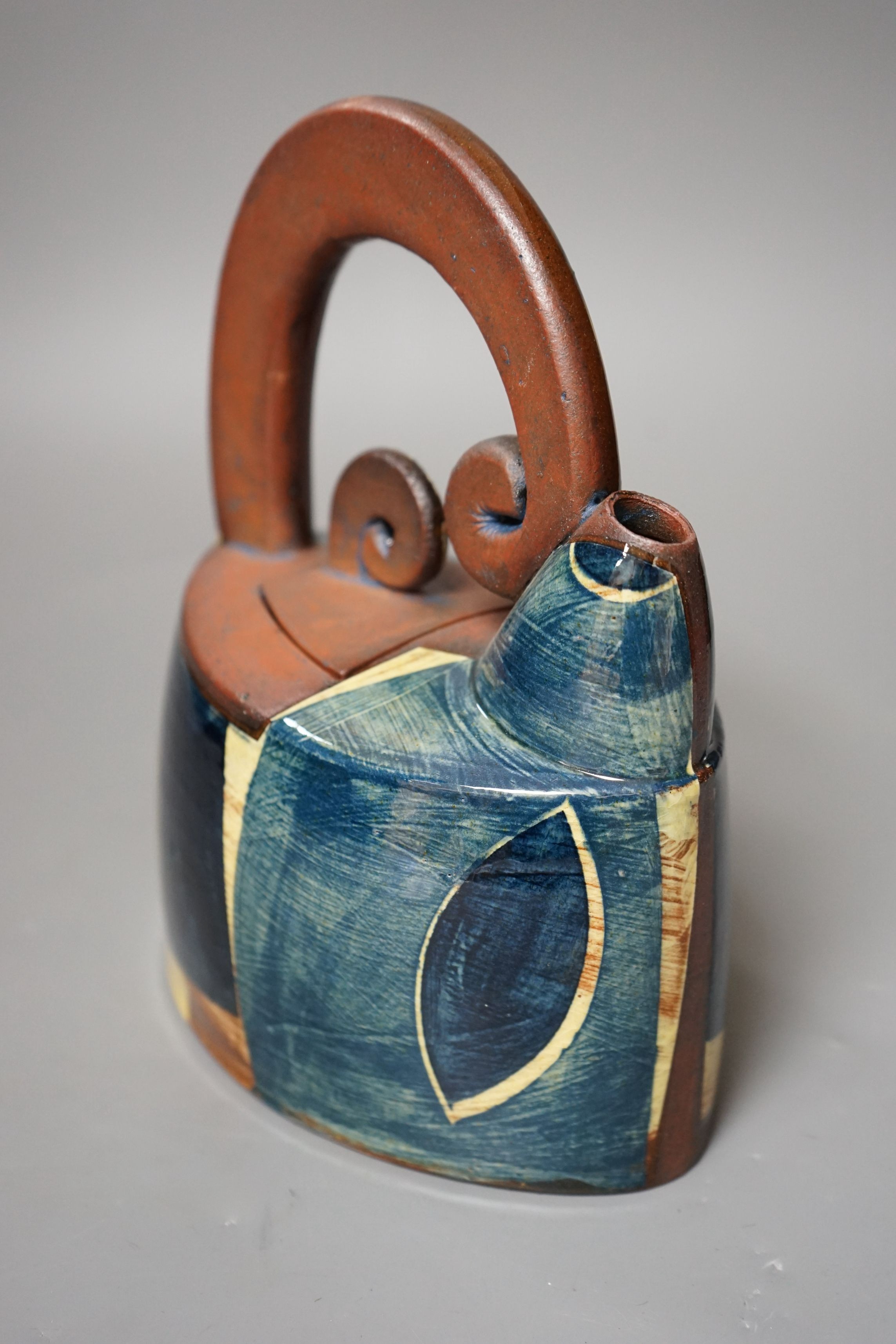 Richard Phethean (b.1953), an abstract green yellow and blue glazed earthenware teapot, purchased - Image 2 of 5