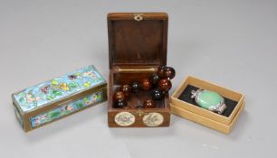 A Chinese enamel on brass stamp box, a Tibetan amulet, an agate bead rosary and a bone inlaid box