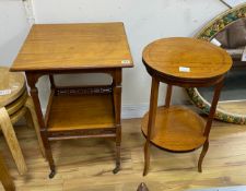 Two Edwardian satinwood two tier occasional tables, larger 48cm, height 72cm