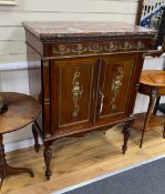 A French Empire style mahogany and gilt metal mounted marble topped side cabinet, width 89cm,