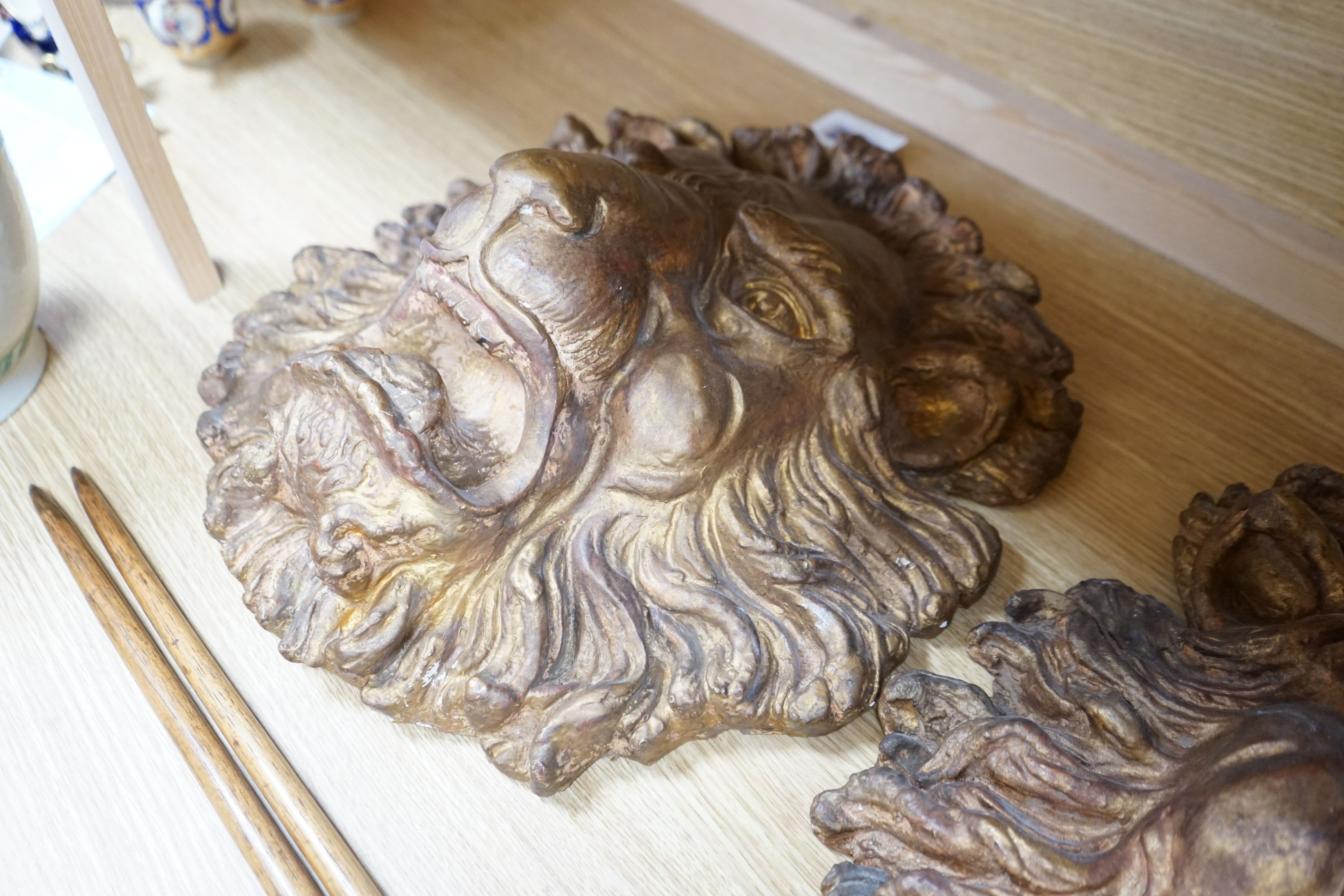 A pair of large decorative gilt plaster lion masks, 42cm - Image 2 of 5