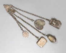 A 19th century plated five chain chatelaine, with a thimble holder, a silver Vesta and a