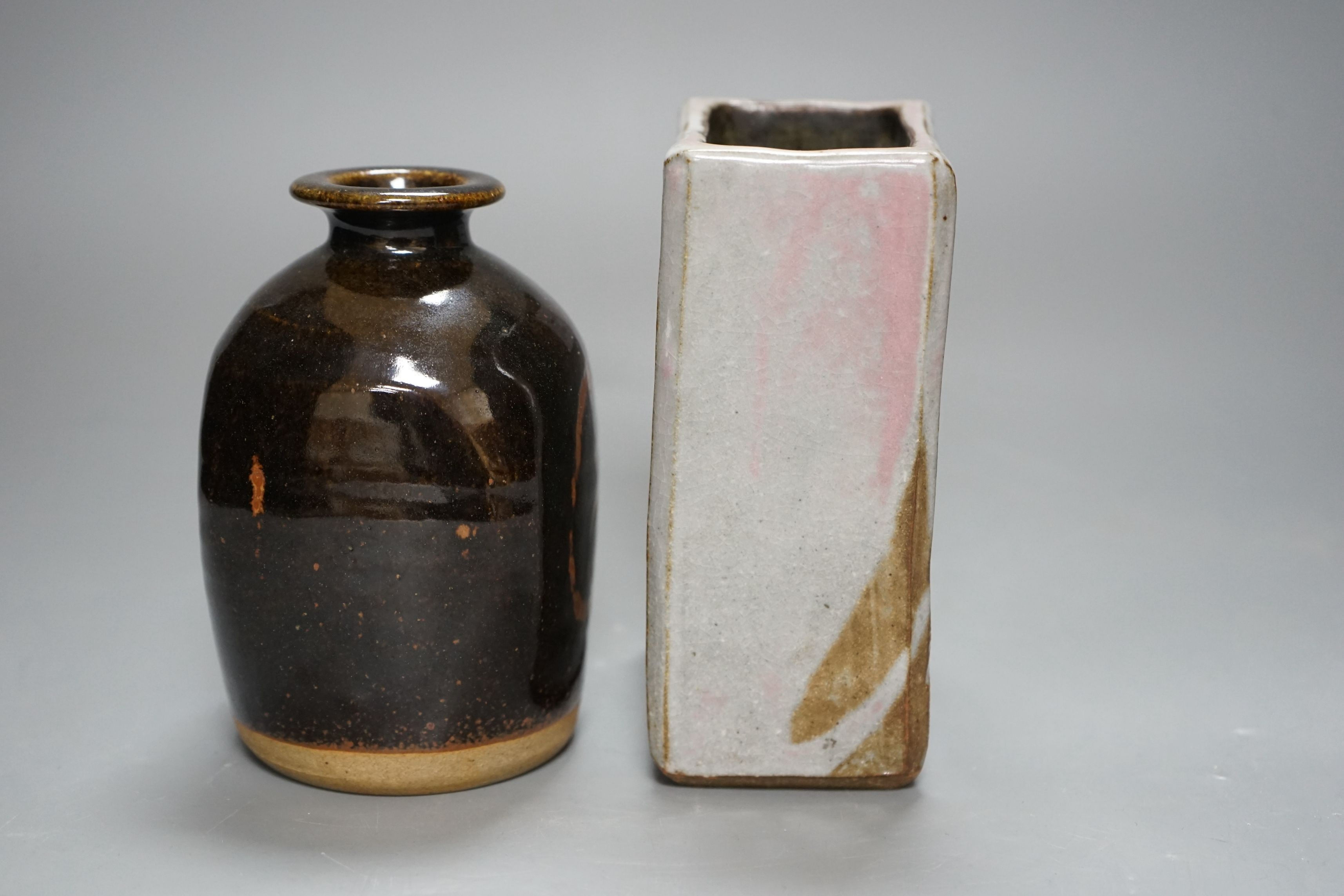 British Studio Pottery; a tenmoku glazed bottle vase, with impressed mark, together with an abstract - Image 4 of 5