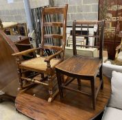 A 19th century provincial Lancaster ladder back rush seated rocking chair and a Regency elm seat