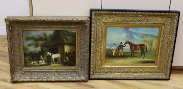 Two modern Victorian style oils on board, Racehorse owner and jockey and Figures beside a stable, 30
