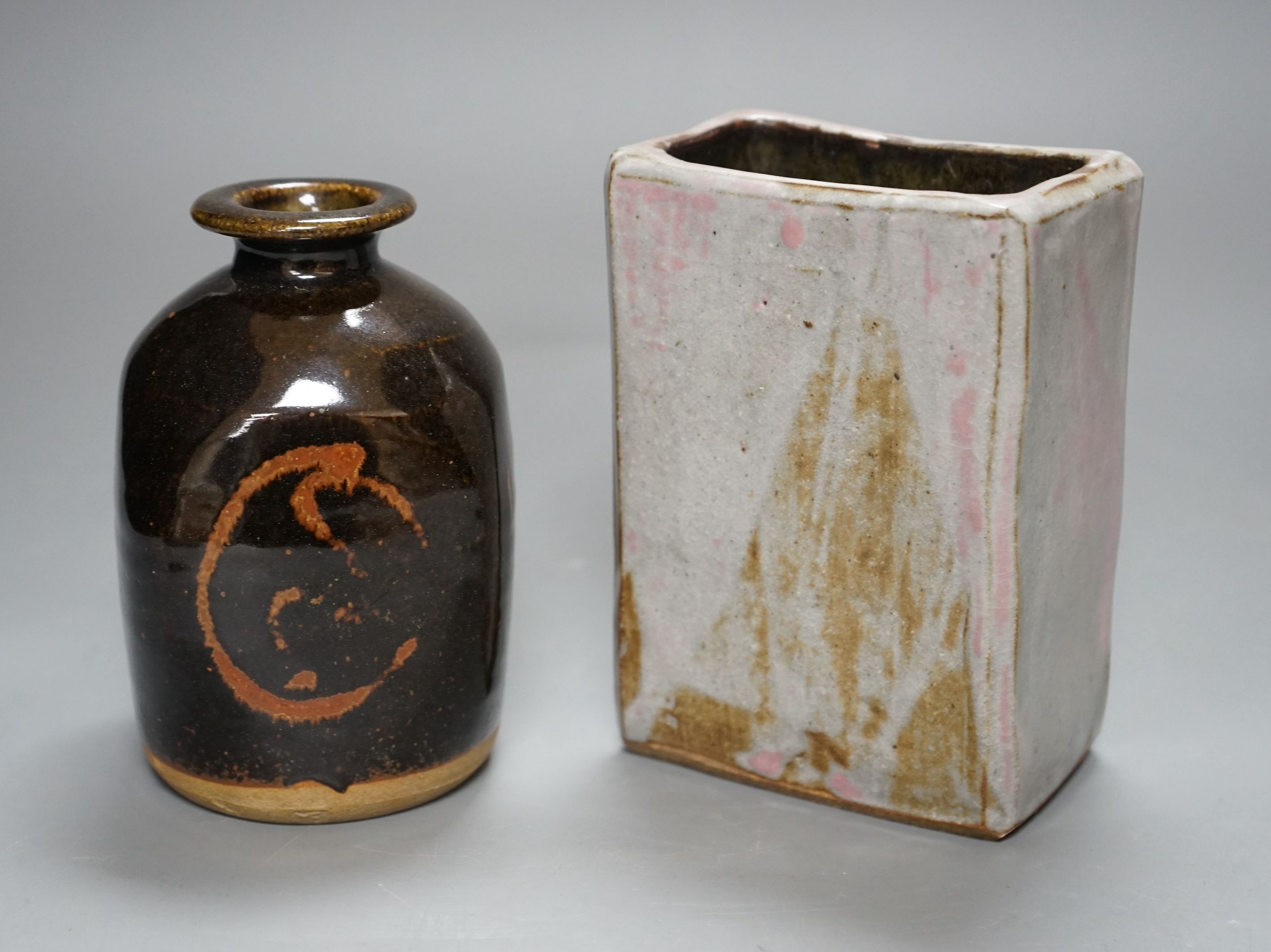 British Studio Pottery; a tenmoku glazed bottle vase, with impressed mark, together with an abstract