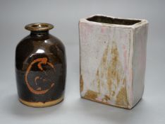 British Studio Pottery; a tenmoku glazed bottle vase, with impressed mark, together with an abstract