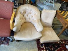 A Victorian upholstered spoonback chair and a Victorian nursing chair