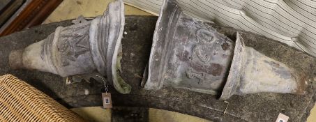 Two 18th century lead rain hoppers, one dated 1709, the other 1764 and initialled I M, larger height