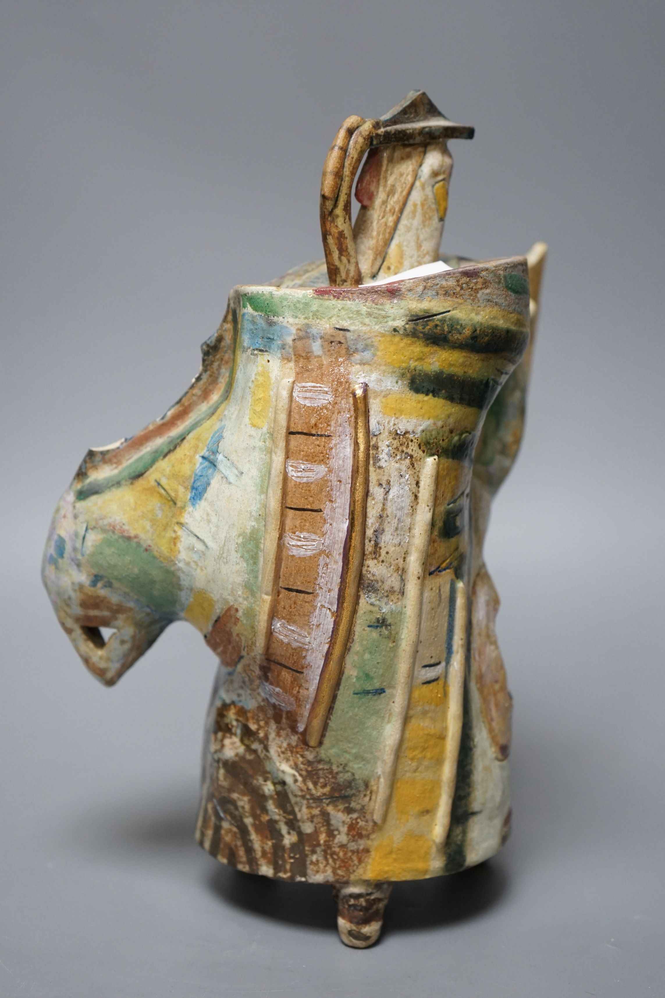 Angus Suttie (1946-1993), an abstract polychrome glazed stoneware jug and cover on tripod base, - Image 2 of 6