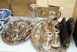 A large Victorian oval plated two handled tea tray, a smaller two handled tray and other plated