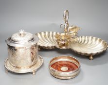 A silver plated strawberry and cream stand with a silver mounted coaster, and a plated biscuit