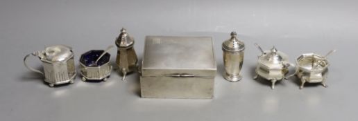 Six assorted silver condiments and a silver mounted cigarette box.