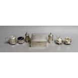 Six assorted silver condiments and a silver mounted cigarette box.