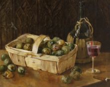 Otto Jacob, oil on canvas, Still life of greengages in a basket, a glass of wine and cigar,