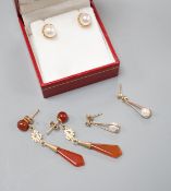 A modern pair of 585 yellow metal and cultured pearl ear studs, a pair of yellow metal and carnelian