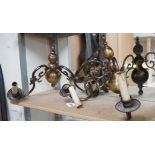 A pair of brass two branch sconces, 33cms high