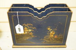 A 1920's chinoiserie lacquer two division paper rack, 22cms high,