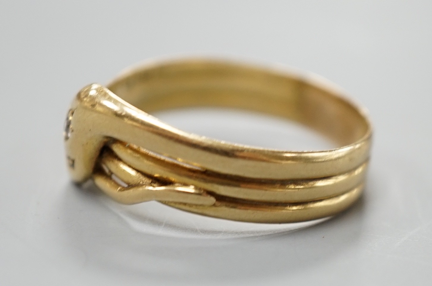 An Edwardian 18ct gold and diamond chip set serpent ring, size X/Y, gross 5.6 grams. - Image 2 of 5