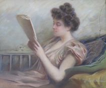 Marie Adolphe Edouard Modérat d'Otemar (French, Exh.1889-1906), pastel, Young lady reading a