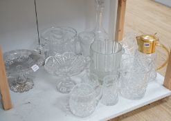 Three assorted cut glass ice buckets, two pedestal dishes, a gilt metal mounted lidded jug etc