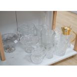 Three assorted cut glass ice buckets, two pedestal dishes, a gilt metal mounted lidded jug etc