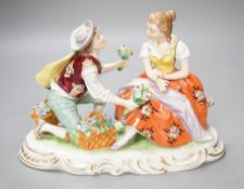 A Sitzendorf porcelain figure group of a romance. 13cm high