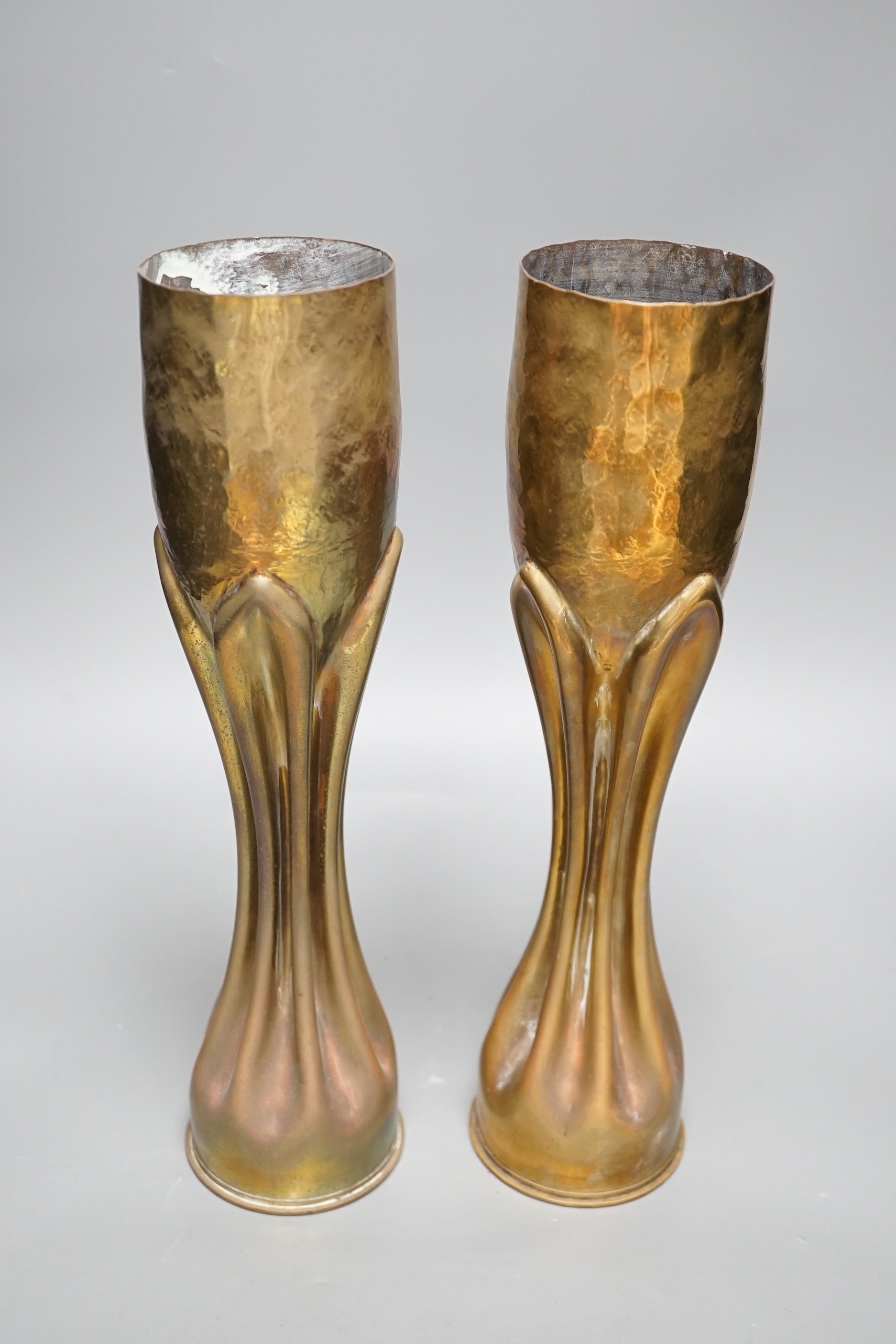 Trenchart- A pair of WWI brass shell case vases, 34.5cm tall - Image 3 of 4