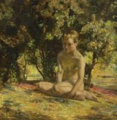 Arthur Marston, oil on board, Youth seated beneath a tree, signed and dated 1910, 40 x 38cm