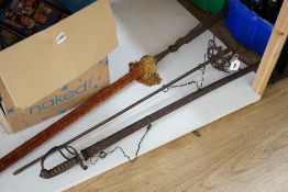 A fencing sword, an army officer's sword and a turnpike, turnpick 255 cms high,