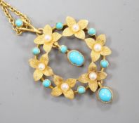 An Edwardian 15ctm turquoise and seed pearl set drop pendant necklace, pendant 35mm, chain 33cm,