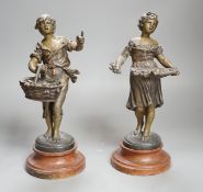 A pair of French spelter figures ‘Les Cerises’ and ‘Les Roses’. 29cm tall.