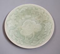A Chinese carved celadon dish, Qing dynasty, 15cm diameter