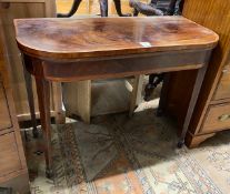 A George III banded mahogany D shaped folding tea table, width 96cm, depth 45cm, height 74cm