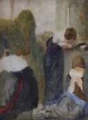 Robert Anning Bell (1863-1933), watercolour, Figures beside a classical column, 46 x 35cm