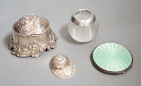 A 19th century continental white metal salt?, with hinged cover, length 93mm, a modern silver jockey