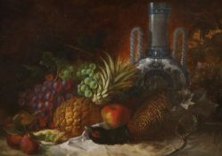Attributed to George Lance (1802-1864), oil on canvas, Still life of fruit, a pheasant and a