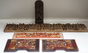 Two South East Asian carved hardwood panels together with three Chinese gilt wood panels (5) largest