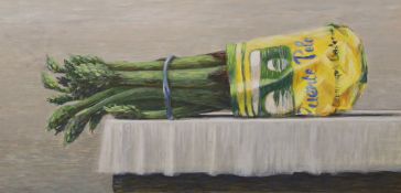 French School, oil on board, Still life of a bunch of asparagus, 18 x 36cm