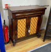 A William IV mahogany chiffonier, with pleated silk and brass grille doors, height 89cm, width 84cm,