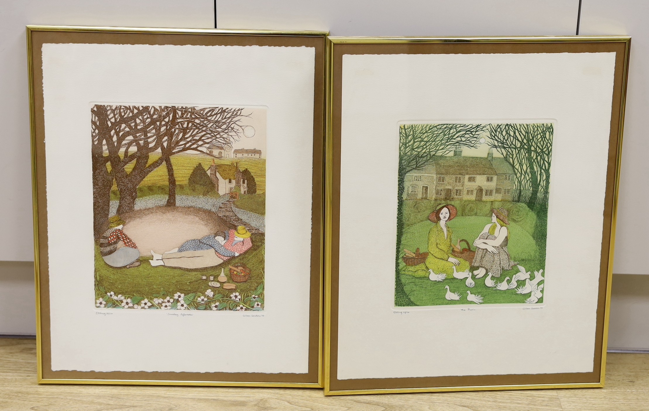 Gillian Lawson (1936-), two limited edition etchings, "The Picnic" and "Sunday Afternoon", signed in