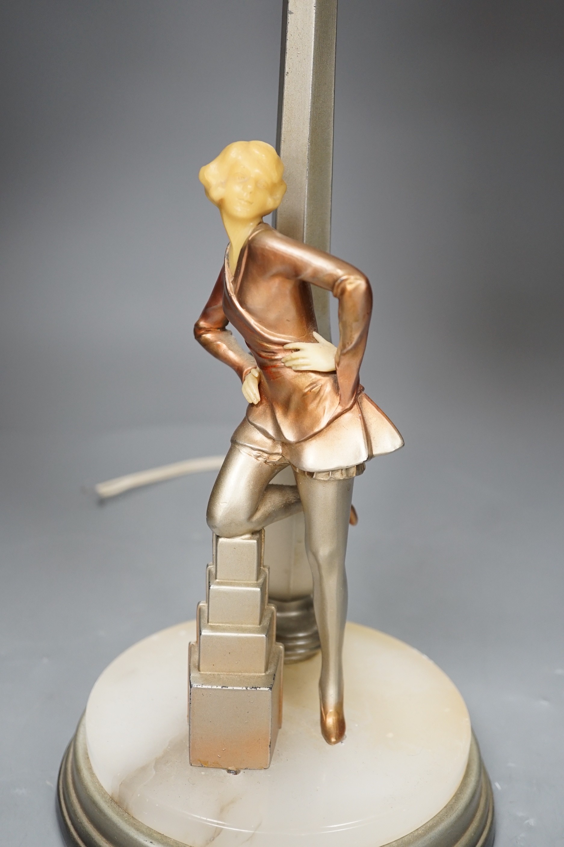 An Art Deco Cold painted spelter and composition figural table lamp and glass shade, 67cm high, - Image 2 of 4