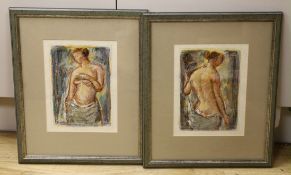 Pierre Saint-Sorny (French 1914-?), mixed media, Standing female nudes, signed, 23 x 16cm