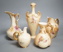 A Worcester blush ivory - a bottle vase and 3 jugs, tallest 27cms high,