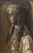 V.M., oil on board, Portrait of a young woman, initialled, 55 x 35cm