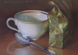 Colin Vincent (Contemporary), mixed media, ‘Coffee Cup III’, signed and dated 2002, 15 x 21cm