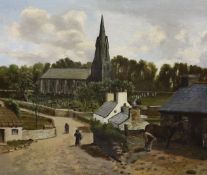 British School, 20th century, oil on board, country land landscape with spired church, 37 x 44cm